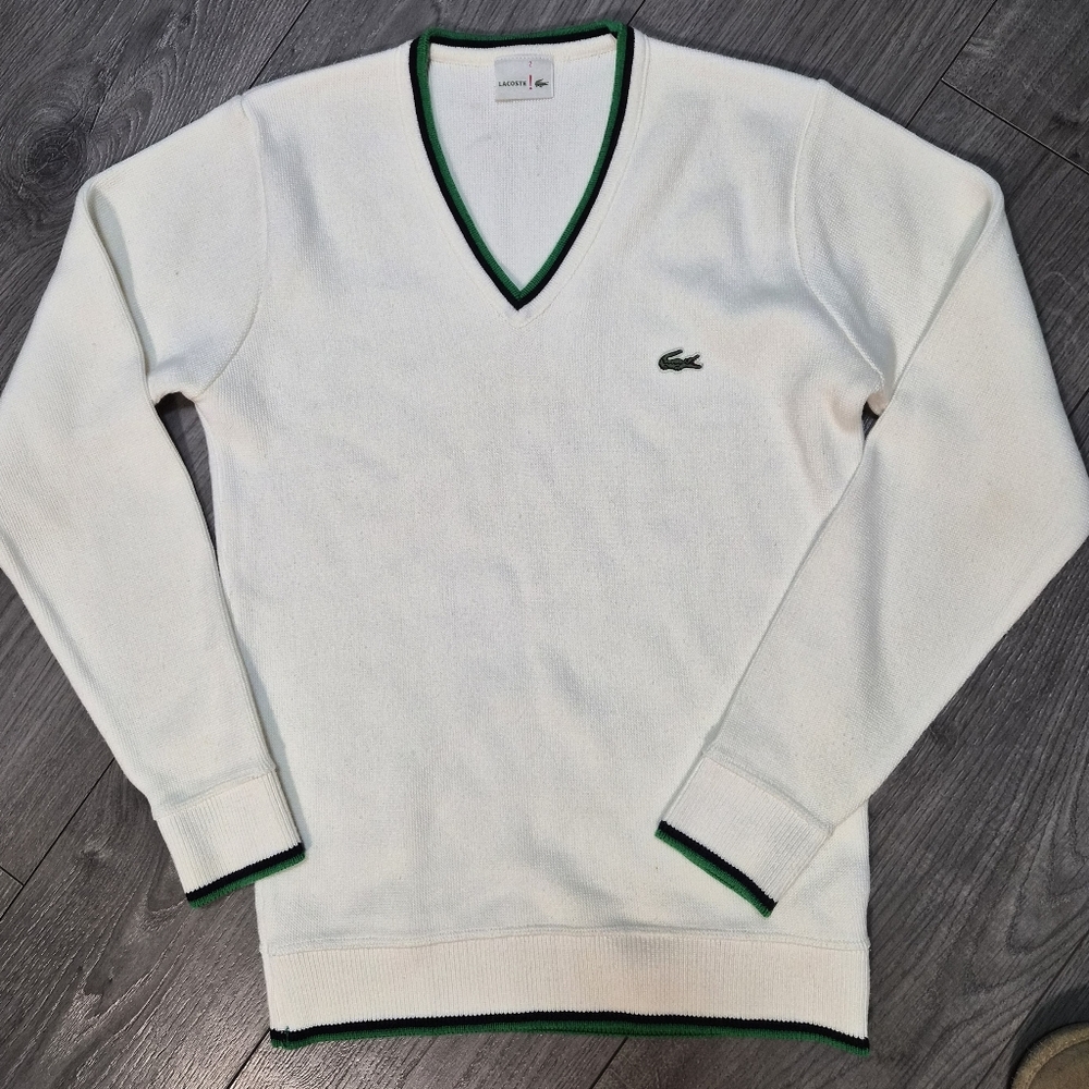 Lacoste Men's Cream V-Neck Sweater with Green Trim